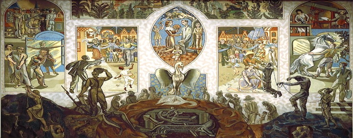 A mural, painted by the Norwegian artist Per Krohg in the colours and style reminiscent of a tapestry, was donated in 1952 by Norway to the United Nations.  It decorates the Security Council Chamber. The mural symbolizes the changes which the world will undergo because of the efforts of the UN, and of mankind in general, to achieve peace, equality and freedom.
A full view of the mural.  1/Aug/1985. UN Photo/Lois Conner. www.unmultimedia.org/photo/